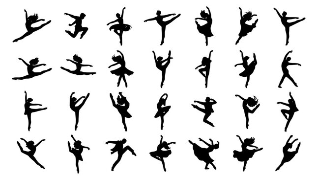 Silhouette Dance Figures Set with Dynamic Poses and Flowing Motion Lines in Black for Vector Choreography Concept