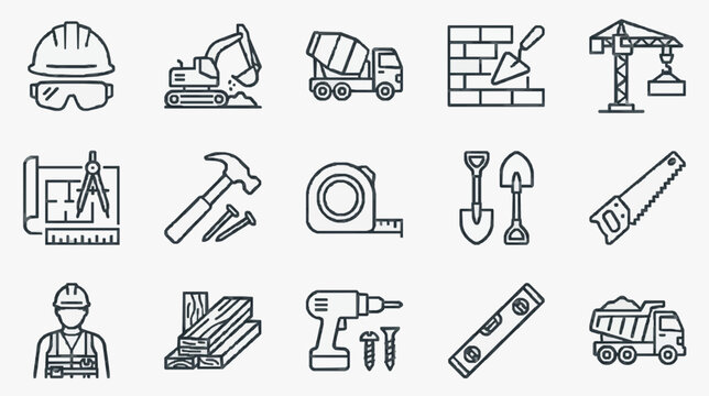Elegant Monochromatic Line Illustrated Construction and Carpentry Tools Icon Set Featuring Safety Gear Equipment and Workers