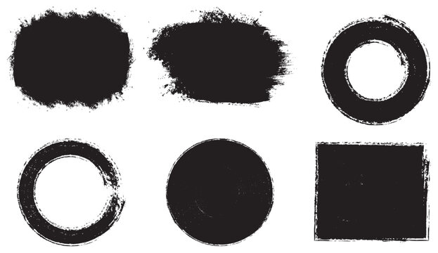 Black grunge brush stroke banner set with ink texture paint splash circle frame and scratchy artistic border vector isolated white background.