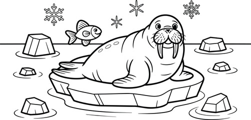 Cute cartoon walrus sitting on an ice floe with a small fish in the arctic sea, black and white for children coloring book page and funny life © Pappu0099
