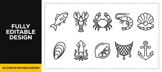 flat vector illustration line art icon bundle set design focusing on fresh ocean seafood delicious lobster crabs shrimp fish and marine restaurant cooking ingredients app © Md