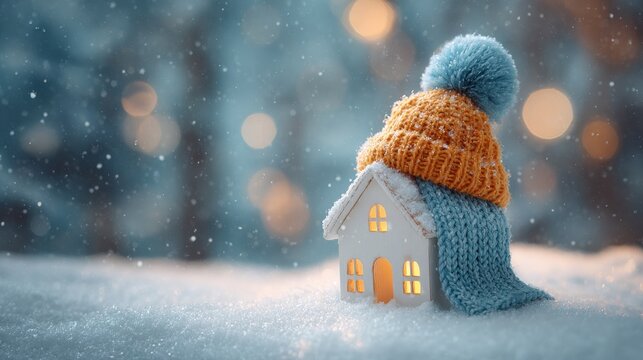 Conceptual miniature house wearing a knitted hat and scarf in a snowy winter landscape