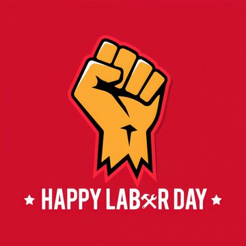 m Labor Day greeting card with raised fist, yellow clenched hand on red background, worker rights and industrial holiday celebration poster