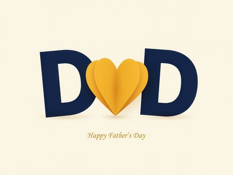 m Happy Father's Day greeting card, Dad text with yellow paper heart, minimalist holiday celebration banner with navy blue typography