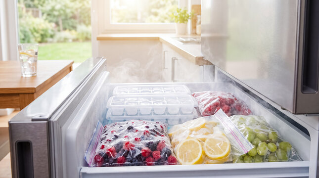 freezer ice trays frozen food summer cooling heatwave kitchen refreshment showing an organized open drawer filled with cold supplies for drinks desserts home routines and seasonal survival themes