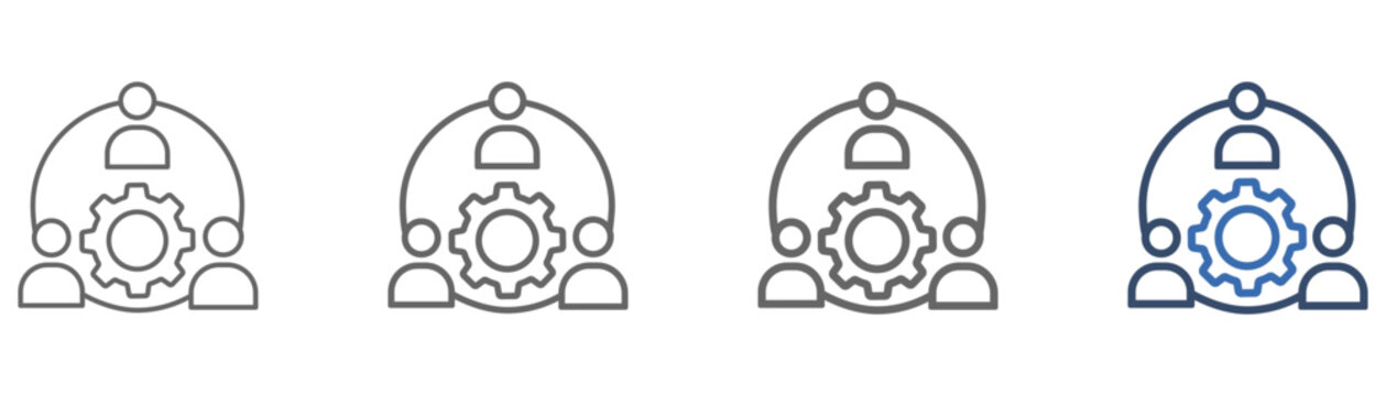 
Outline icon set for collaboration, featuring a circular design, three people, and gears