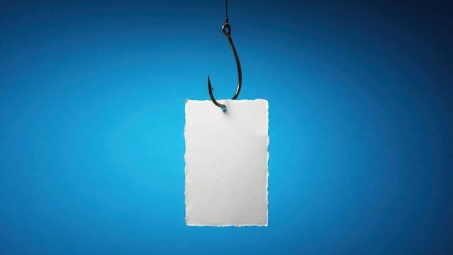 m Conceptual fishing hook with blank white paper note, metaphorical bait on metal hook for marketing, empty message card hanging on blue background