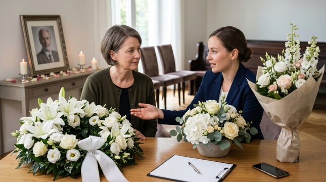 funeral flower consultation scene with wreaths and floral designs on display, focused on memorial decor, remembrance details and professional planning support.