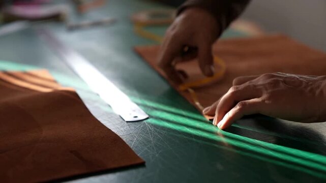 Leatherworker measures and cuts brown leather with ruler and string in workshop