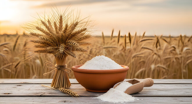 Rice in wooden bowl with wheat bundle