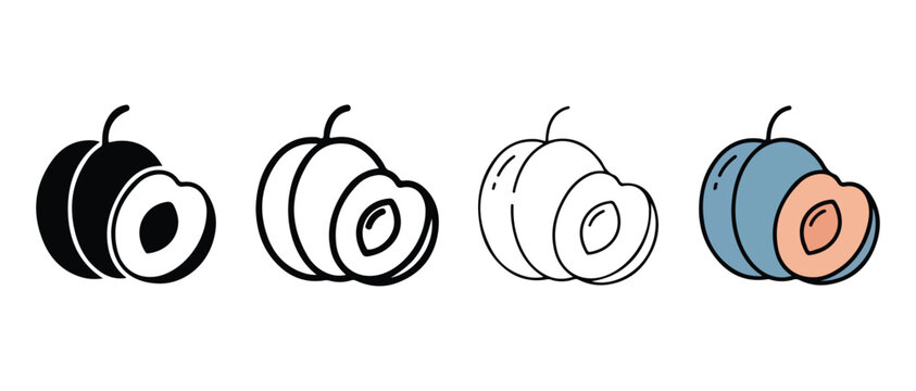 peach illustrations with one slice cut out showing the pit inside  fruit icons in various colors
