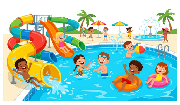 Happy Children at Water Park Sliding and Swimming Cartoon Vector Illustration
