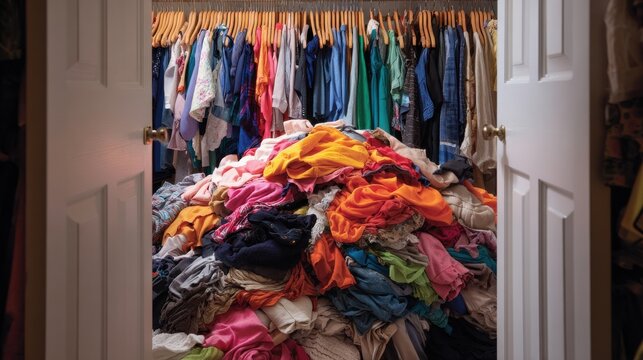 Overstuffed and Messy Closet with a Huge Pile of Clothes Bursting Out