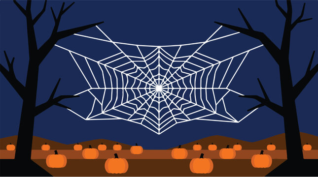 Large white spider web hanging between two dark trees in spooky pumpkin field night