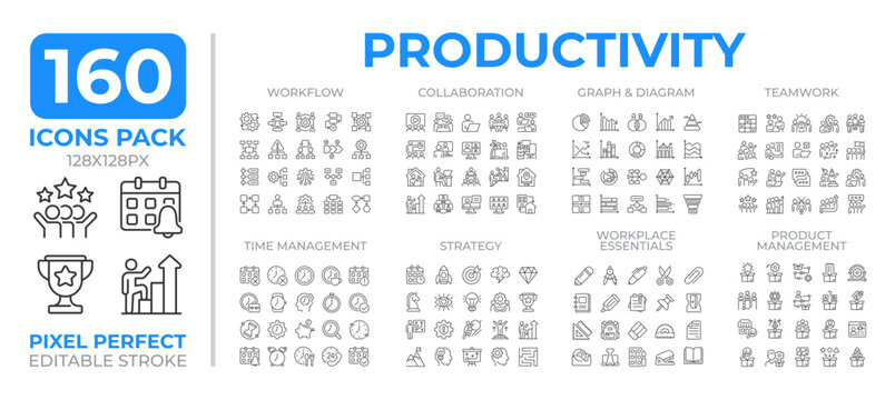 Productivity line icons set collection. Effective work performance. Manufacturing qualitative products mega pack of linear pictograms, pixel perfect. Isolated vector illustrations. Editable stroke