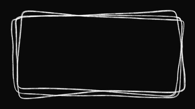Hand-drawn white chalk rectangle frame with a seamless boiling line effect (stop-motion wiggle) on a black background. Textured scribble outline border loop animation, perfect for text overlay, titles