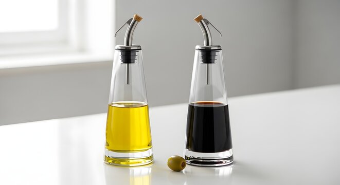Two clear glass cruets filled with golden olive oil and dark balsamic vinegar on a white surface with soft light