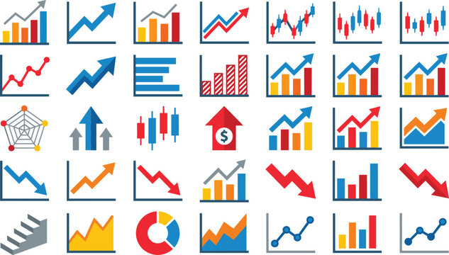Financial Analytics and Business Growth Chart Vector Icon Set with Stock Trading Candlestick Pie Graphs and Market Infographic Elements