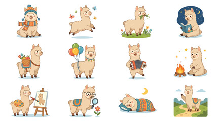 Obraz premium Set of cute cartoon llama characters in various activities and outfits.