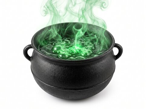 Witch's Brew Bubbling: A mystical black cauldron overflows with a vibrant green, bubbling potion, emitting an eerie, wispy smoke, hinting at magical concoctions and arcane secrets.