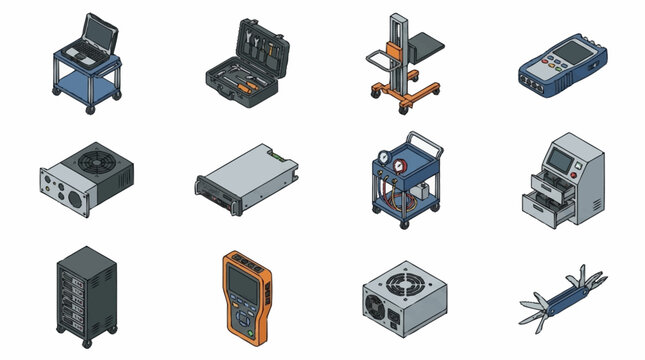 Collection of industrial and electronic equipment illustrations.