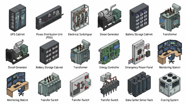 Collection of 3D rendered industrial server racks and network equipment.