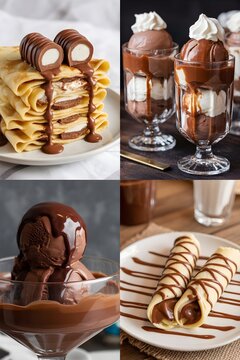 Collage de irresistibles postres de chocolate con crepes, copas de helado y sirope