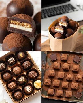 Colecci&oacute;n de bombones artesanos y trufas de chocolate con cacao en polvo, surtido de pralin&eacute;s gourmet en caja de regalo y postres dulces
