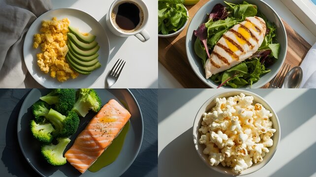 Colecci&oacute;n de platos de comida saludable, dieta keto y balance nutricional diario