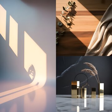 Composici&oacute;n de fondos minimalistas con luces y sombras abstractas, texturas org&aacute;nicas y maquetas de podios dorados para exhibici&oacute;n de productos