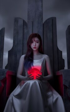 Retrato de fantas&iacute;a oscura de una joven reina en un trono sosteniendo un orbe rojo brillante