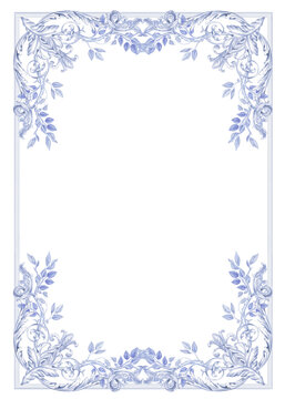 Blue toile frame, chinoiserie watercolor arrangement,  blue floral PNG frame, A4