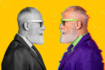 Portrait of an older businessman in profile showing colorful glitch double exposure and black-and-white reflection, creative duality with beard, suit and sunglasses © deagreez