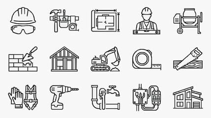 Fototapeta premium Industrial Construction Icons Set Black and White Line Art Illustrations of Tools Equipment and Building Elements