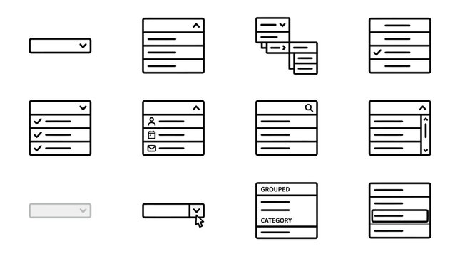 UI element icons: dropdown menus, lists, checkboxes, and search bars for web and app design