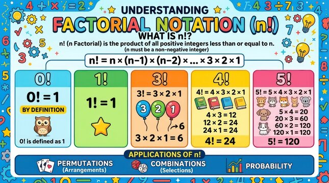 Educational poster explaining factorial notation and mathematics concepts for young students.