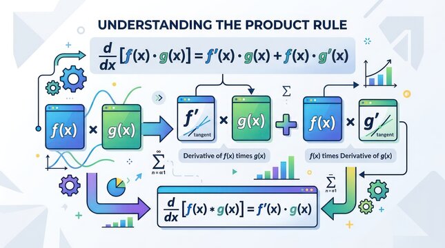 Educational infographic explaining product rule in calculus with function differentiation.