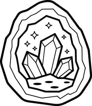 Crystal geode drawing for children coloring book page, magic mineral cluster in a rock cavity with sparkling stars in outline style