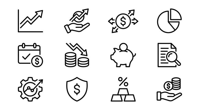 Finance and Business Icons: Growth, Savings, Investment, Analysis, and Data