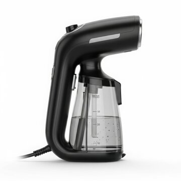 Black handheld garment steamer with clear water tank isolated on white background

