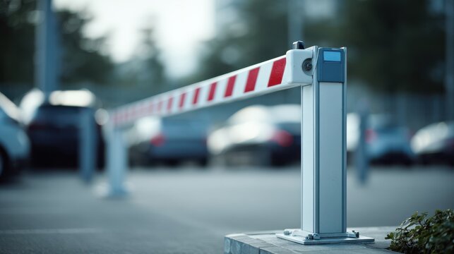 Automatic boom barrier with red and white stripes in a blurred outdoor parking lot