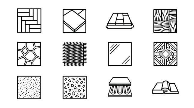 Flooring Types Icons Set: Wood, Tile, Carpet, Stone, Laminate, Vinyl, Linoleum, Parquet
