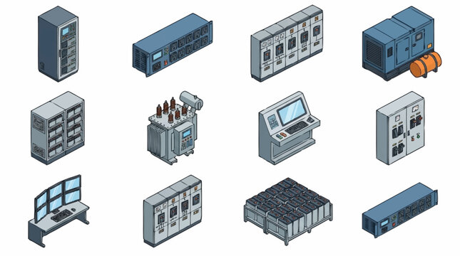 Isometric collection of industrial and technological equipment.