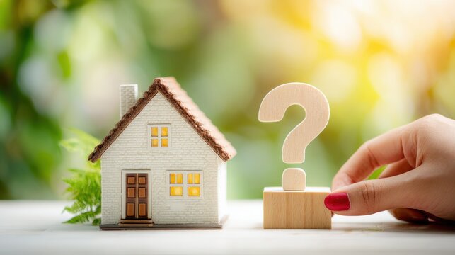 Model House and Wooden Question Mark on Table with Blurred Nature Background