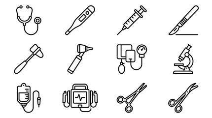 Obraz premium Set of Medical Instruments Icons: Stethoscope, Syringe, Scalpel, Thermometer, ECG, Microscope