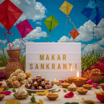 vibrant makar sankranti festival with bold golden lightbox text colorful kites traditional sweets and warm diya glow against blue sky with clouds high rez harvest celebration photography for marketing