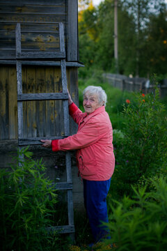 Elderly woman holding a weathered wooden ladder beside a rustic countryside house, surrounded by lush summer greenery in a peaceful rural garden.