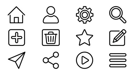 Fototapeta premium Clean Line Icons Set for Web and App Design: Home, User, Settings, Search, Add, Delete, Star, Edit
