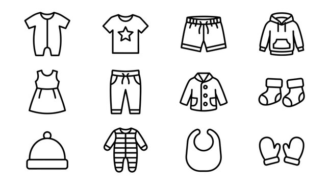 Baby Clothes Icons Set: Onesie, T-shirt, Shorts, Hoodie, Dress, Pants, Jacket, Socks, Hat, Mittens, Bib