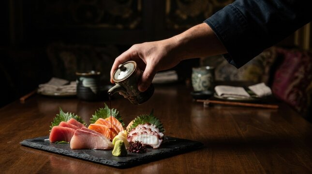 Chef's hand pouring sauce onto a platter of fresh sashimi and sushi ingredients